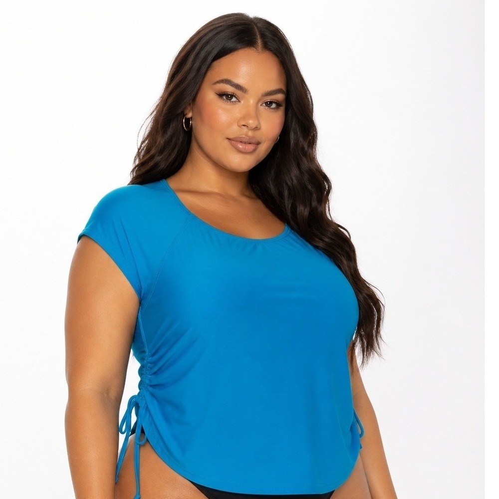 Lands End Womens Plus 18W Turquoise Blue Cinched Side Swim Tee Rash Guard NWT